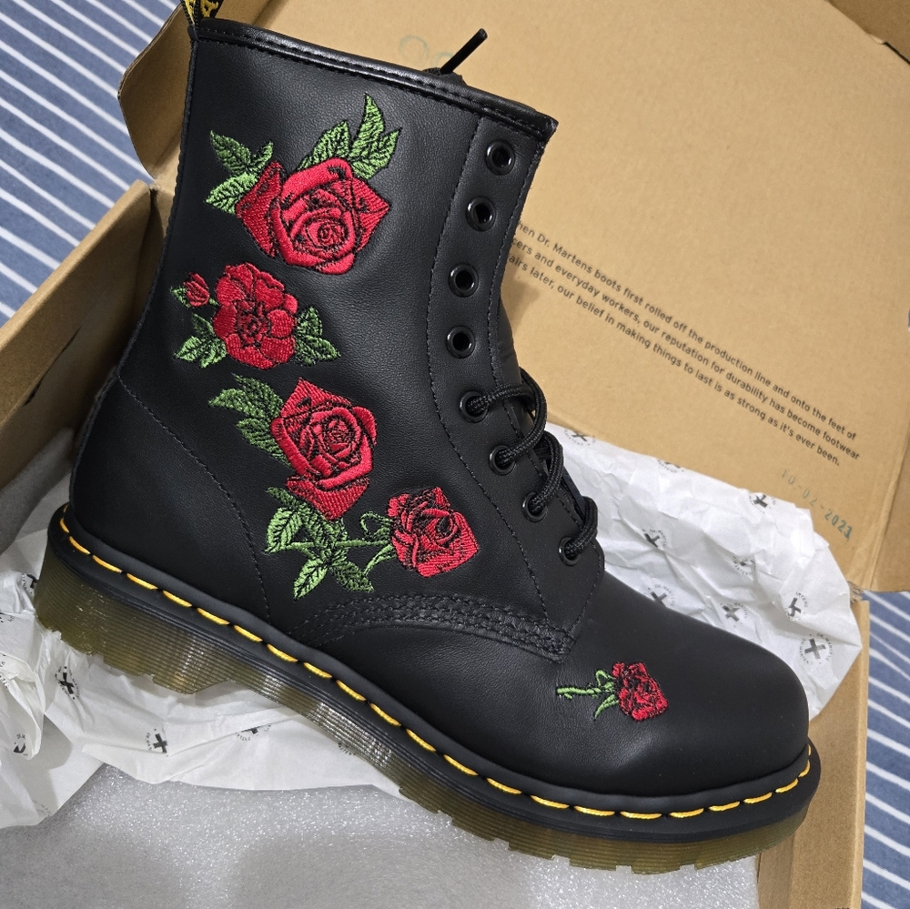 Dr. Martens Black and Red Combat Boots with Floral Embroidery